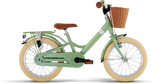 PUKY Barncykel - 16 Tum - 4 år - 1 Gear (Youke 16 Classic) är en grön cykel för barn, med ett brunt säte, flätad korg, bakre ställning och beige däck. Dess minimalistiska design med lättviktskomponenter och genomgående ram gör den idealisk för unga ryttare.