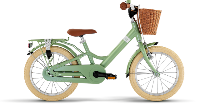 PUKY Barncykel - 16 Tum - 4 år - 1 Gear (Youke 16 Classic) är en grön cykel för barn, med ett brunt säte, flätad korg, bakre ställning och beige däck. Dess minimalistiska design med lättviktskomponenter och genomgående ram gör den idealisk för unga ryttare.