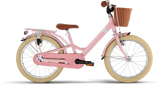 PUKY Barncykel - 18 Tum - 5 år - 1 växel - Puky Youke 18 Classic är en charmig rosa barncykel prydd med en flätad korg på det främre styret, kompletterat med bruna sittplatser och handtag, krämfärgade däck, en bakre ställning utrustad med en fjäderhållare och lättviktskomponenter som ett kedjeskydd. Alla dessa funktioner sticker ut vackert mot sin eleganta svarta design.