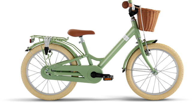 PUKY Youke 18 Classic Barncykel, designad för 5-åringar, har en grön ram med krämfärgade däck och en brun sits. Den innehåller en flätad korg, lätta komponenter som en bakre ställning och fendrar. Dess eleganta design är idealisk för lugna turer och tilltalar Barncykel-fans.